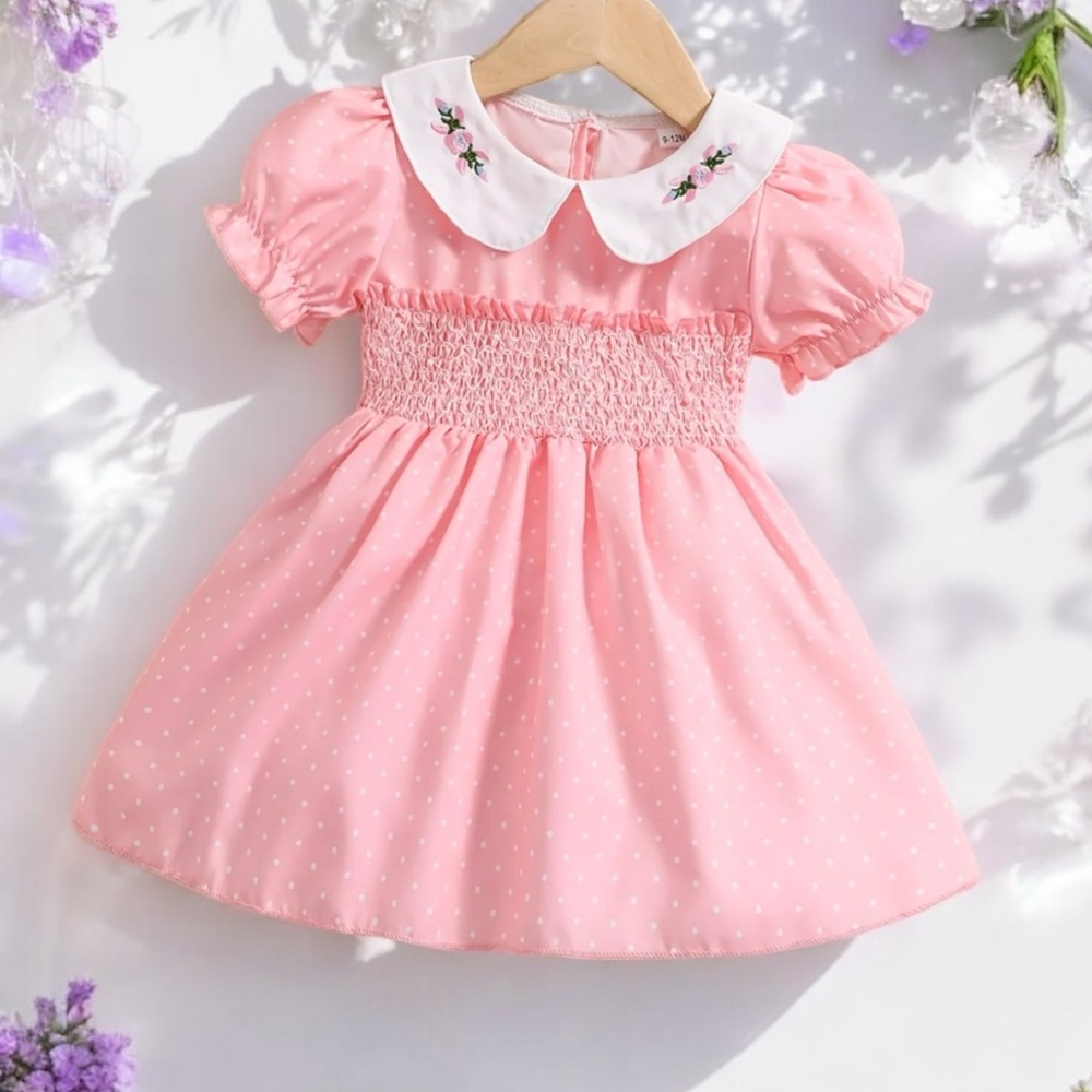 🌿🎀Puff Sleeve Floral Peter Pan Polka Dot Shirred Dress🥹🎀🌿 
🌸12-18 Months🌸